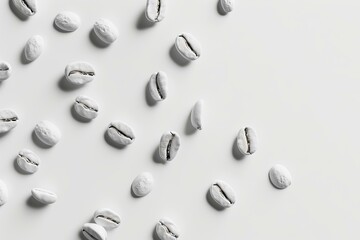 Flat lay of multiple coffee beans isolated on a white surface, with a minimalist design