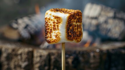 A single, perfectly roasted marshmallow on a stick, ready to be devoured
