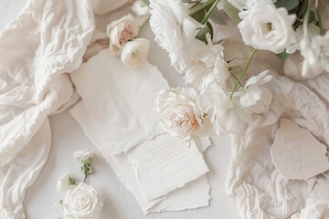 Wedding stationery arranged flawlessly, exuding sophistication on a white table.