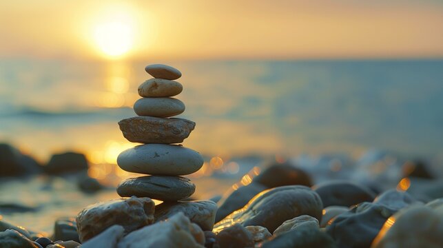 Ikigai, pebbles stacked in balance on beach at sunset blurred background