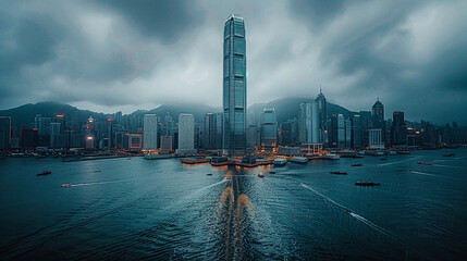 Futuristic Cityscape A Vision of Progress with Soaring Skyscrapers Amidst Majestic Mountains and Clouds Wallpaper Digital Art Poster Brainstorming Map Magazine Background Cover