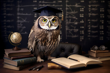 Wise owl with black graduation cap on top of an old school teacher desk full of books and with a blackboard behind.
