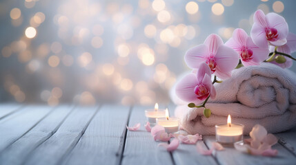 A Towels , Candles, Orchid, Spa setting and white wooden table flooring with blurred and bokeh background