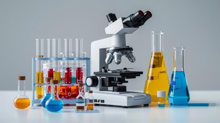 A detailed science lab setup with microscopes and colorful test tubes, showcasing a chemistry...