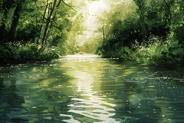 Fototapeta premium Serene Forest Stream, Watercolor Art