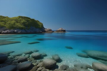 Crystal clear turquoise water with smooth white sand and scattered rocks adding texture. Vibrant blue sky, serene beach landscape. Ideal for travel and relaxation themes. generative ai