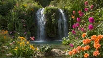Au cœur d'un jardin luxuriant, une personne est assise en méditation, entourée de plantes aux couleurs vives et de papillons virevoltants. Des cascades douces murmurent des mélodies apaisantes. L'air 