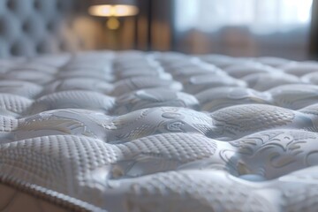 A detailed view of a mattress on a bed. Ideal for showcasing bedroom furniture