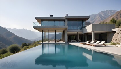 Fototapeta premium A modern, two-story glass and concrete house with a large swimming pool in the foreground, surrounded by a mountainous landscape