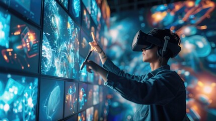 Creative art designer or digital designer wearing VR headset while designing artwork. Smart artist standing in front of digital monitor with casual cloth and working on visual reality goggle. AIG42.