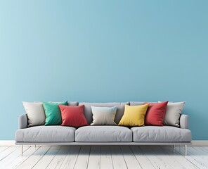 Empty living room interior with a gray sofa and colorful pillows against an empty blue wall mock up