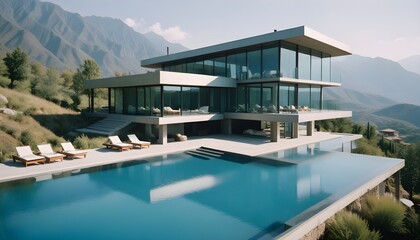 Fototapeta premium A modern, two-story glass and concrete house with a large swimming pool in the foreground, surrounded by a mountainous landscape