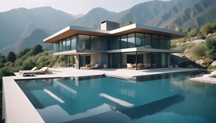Fototapeta premium A modern, two-story glass and concrete house with a large swimming pool in the foreground, surrounded by a mountainous landscape
