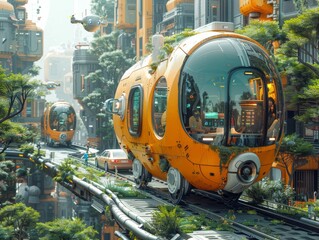 Bright and Busy Futuristic Cityscape with Diverse Modes of Transportation