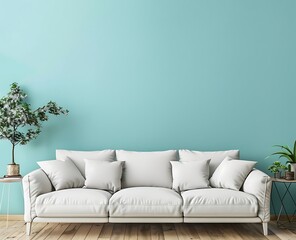 Empty turquoise wall with sofa and side tables in a living room interior, front view