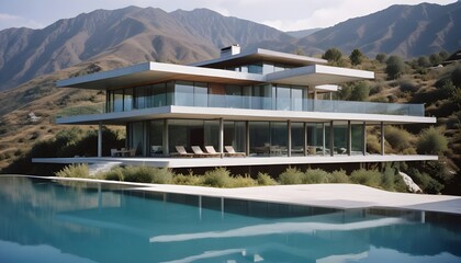 Fototapeta premium A modern, two-story glass and concrete house with a large swimming pool in the foreground, surrounded by a mountainous landscape