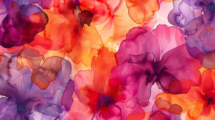 Vibrant Floral Watercolor A vibrant floral watercolor background with bold strokes of red orange and purple depicting  flower petals in full bloom evoking a sense of energy  