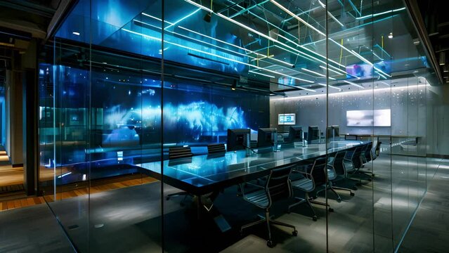 A conference room with transparent glass walls illuminated by blue lights creating a futuristic and sleek environment for meetings and presentations.