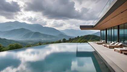 Fototapeta premium A modern, two-story glass and concrete house with a large swimming pool in the foreground, surrounded by a mountainous landscape