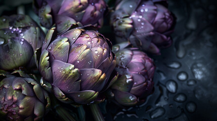 Obraz premium Close-up of Fresh Artichokes with Water Droplets on Dark Background