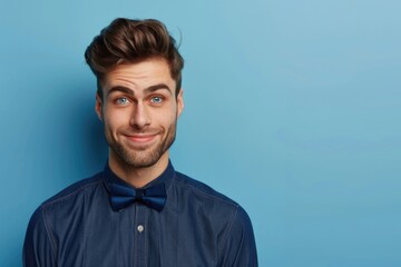 A man wearing a blue shirt and bow tie. Suitable for business or formal events - Powered by Adobe
