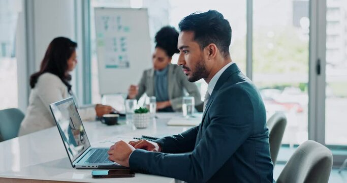 Business man, typing and planning on laptop in meeting with website research, proposal and thinking in finance job. Worker or accountant at agency with online bookkeeping services, sign up and FAQ
