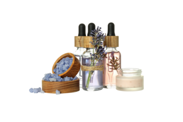PNG, Cosmetic bottles and jar, lavender and sea salt in bowl, isolated on white background