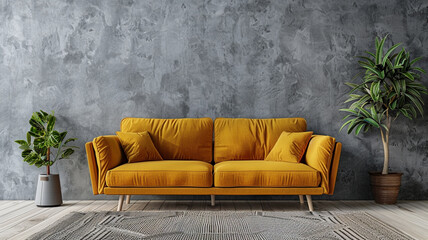 Scandinavian style living room with a sofa mock up on a gray wall background in the style of minimalism