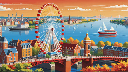a painting of a ferris wheel in a city
