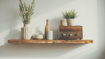Wooden wall shelf with vases, ceramic decorations, plant pots, minimalist design.