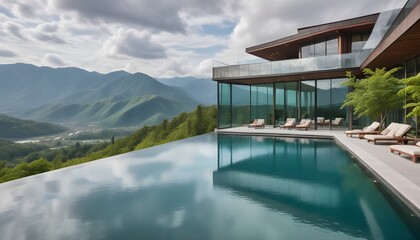 Fototapeta premium A modern, two-story glass and concrete house with a large swimming pool in the foreground, surrounded by a mountainous landscape