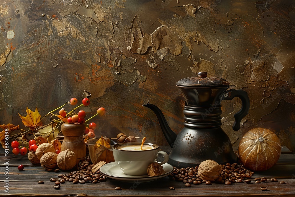 Wall mural Inviting autumnal setting featuring a cup of coffee, vintage pot, and seasonal decorations