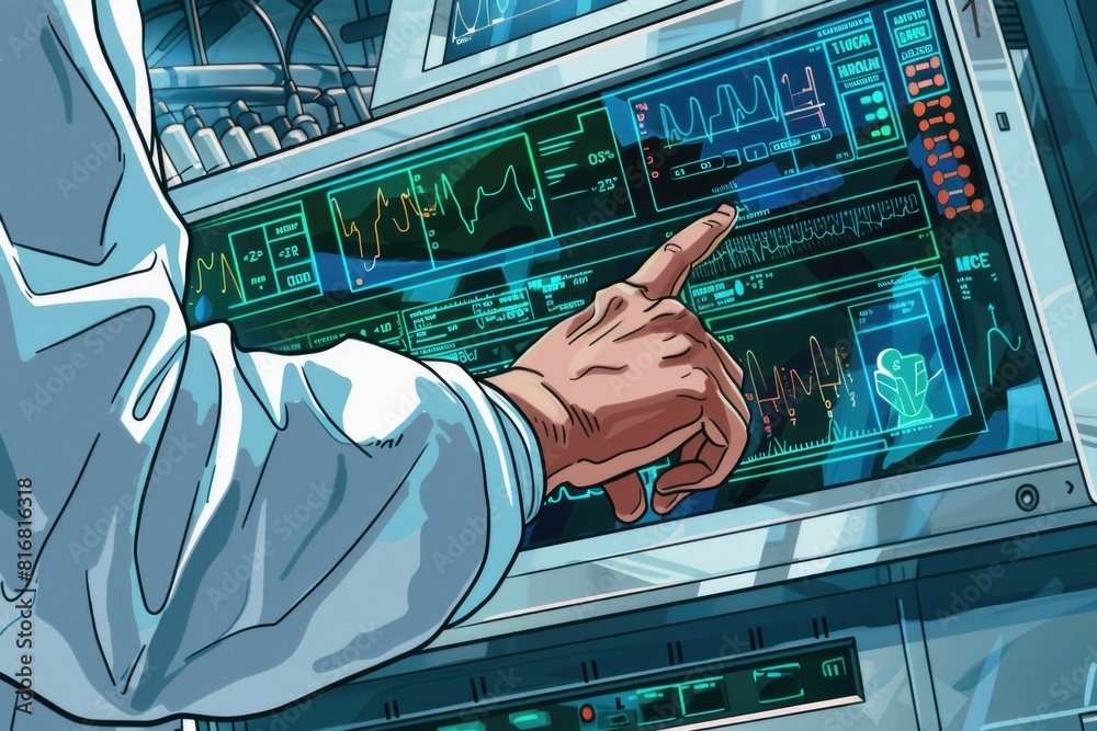 Poster man pointing at a computer screen, useful for technology concepts