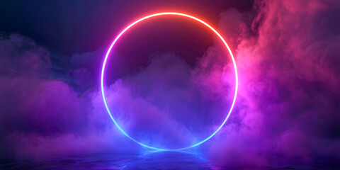 3D Render of Colorful Neon Light Ring on Dark Foggy Background: Glowing Round Frame in the Sky - Abstract Minimalistic Wallpaper, Perfect for Modern and Futuristic Designs