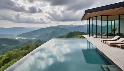 Fototapeta premium A modern, two-story glass and concrete house with a large swimming pool in the foreground, surrounded by a mountainous landscape
