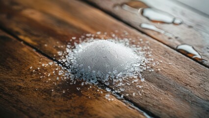A close-up of a small pile of fine, crystal-like salt grains The background showcases a rustic wooden table, with a slightly weathered appearance, and a few droplets of water on the table's surface