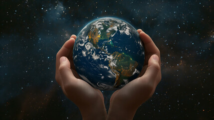 Hands Holding a Glowing Earth Globe Against a Cosmic Background..