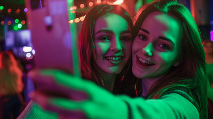 Duas jovens irlandesas sorridentes estão tirando uma selfie em uma boate no Dia de São Patrício. Garotas felizes se divertindo na festa