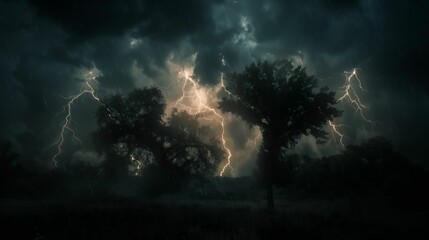 Dramatic thunderstorm with intense lightning bolts illuminating the night sky over silhouetted trees.