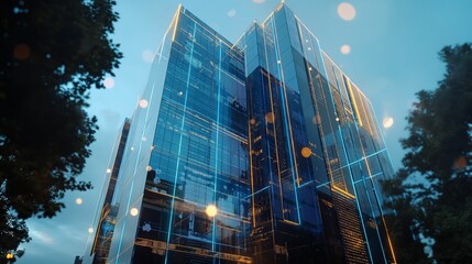 Futuristic cityscape with holographic building outlines and illuminated digital grids, illustrating urban technology and smart city concept.