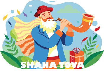 Flat illustration of a rabbi with shofar, jewish new year, vector illustration.