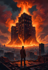 Man Watching Burning Tower in City

