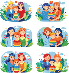 Set flat illustration of a lesbian couple with son, vector illustration.