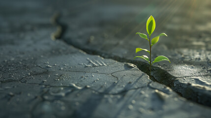 Young Plant Growing in Cracked Dry Earth, Symbol of Hope and Renewal..