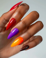AI generated photo of a black woman's hand with bright multicolored manicure on long stiletto nails. Isolated on white background