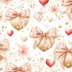 Pastel valentine hearts and bows pattern on white background,high-quality illustration