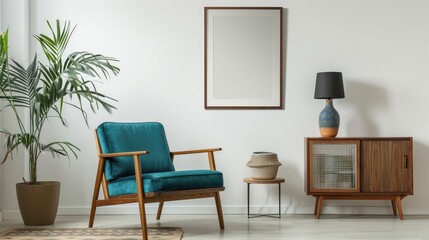 Natural wood chair with cozy couch , white wall, poster mockup, wooden cabinet , lamp and a small coffee table