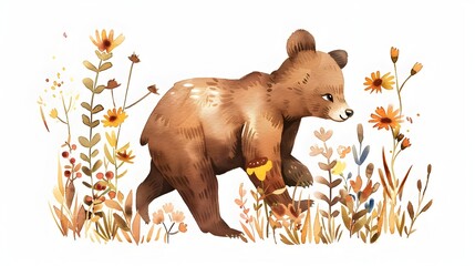 Curious Brown Bear Exploring Vibrant Autumn Foliage and Flowers in Serene Forest Landscape