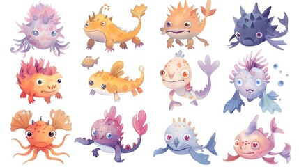 Cute and Colorful Cartoon Monsters Creatures and Aquatic Beings for Playful Designs and