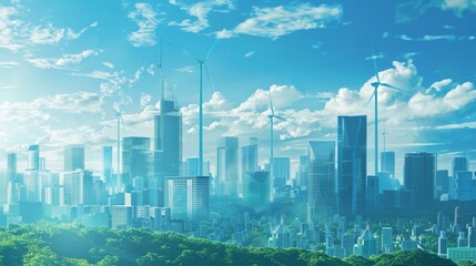 A futuristic city skyline with sleek skyscrapers equipped with integrated solar panels and wind turbines, showcasing sustainable urban development. Copy space available on the sky.